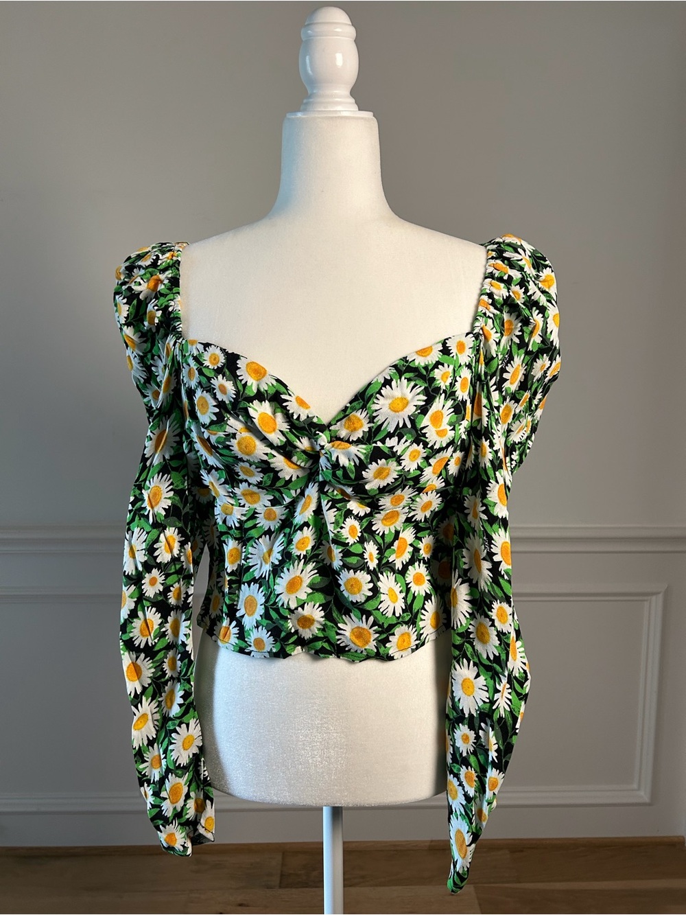 AFRM Black Daisy Sweetheart Twist Long Sleeve Top